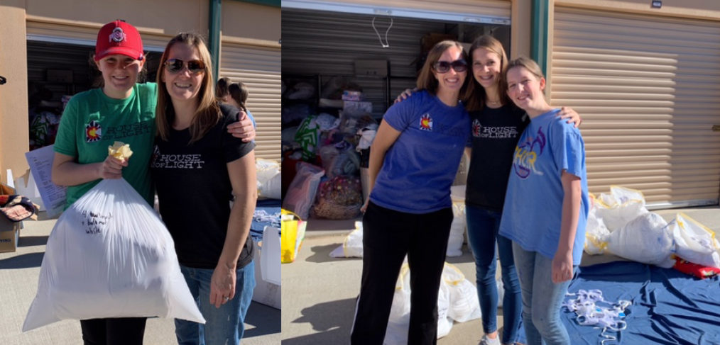 Two side-by-side photos of people organizing donations at a charity event under a clear blue sky; they are smiling and holding items.