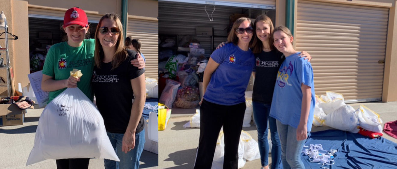 Two side-by-side photos of people organizing donations at a charity event under a clear blue sky; they are smiling and holding items.