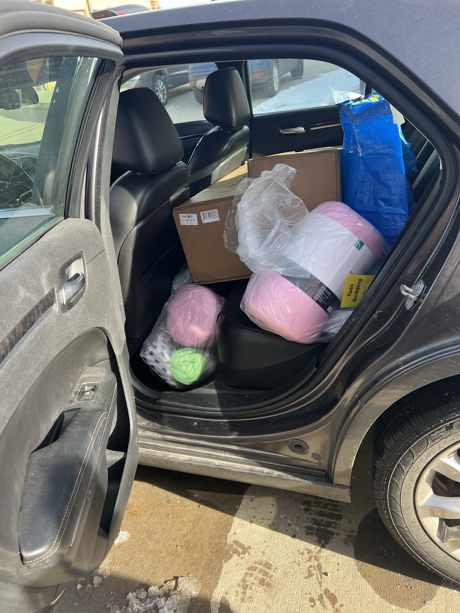 A car with many bags of items in the back.